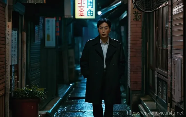 한국 영화 추천 TOP 10 - **"Gritty Urban Mystery"**
    A highly detailed, cinematic shot depicting a lone Korean detective, ...