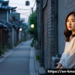 한국 독립 영화 추천 리스트 - A quiet urban street scene at dusk in Seoul, featuring narrow alleys with flickering street lamps ca...