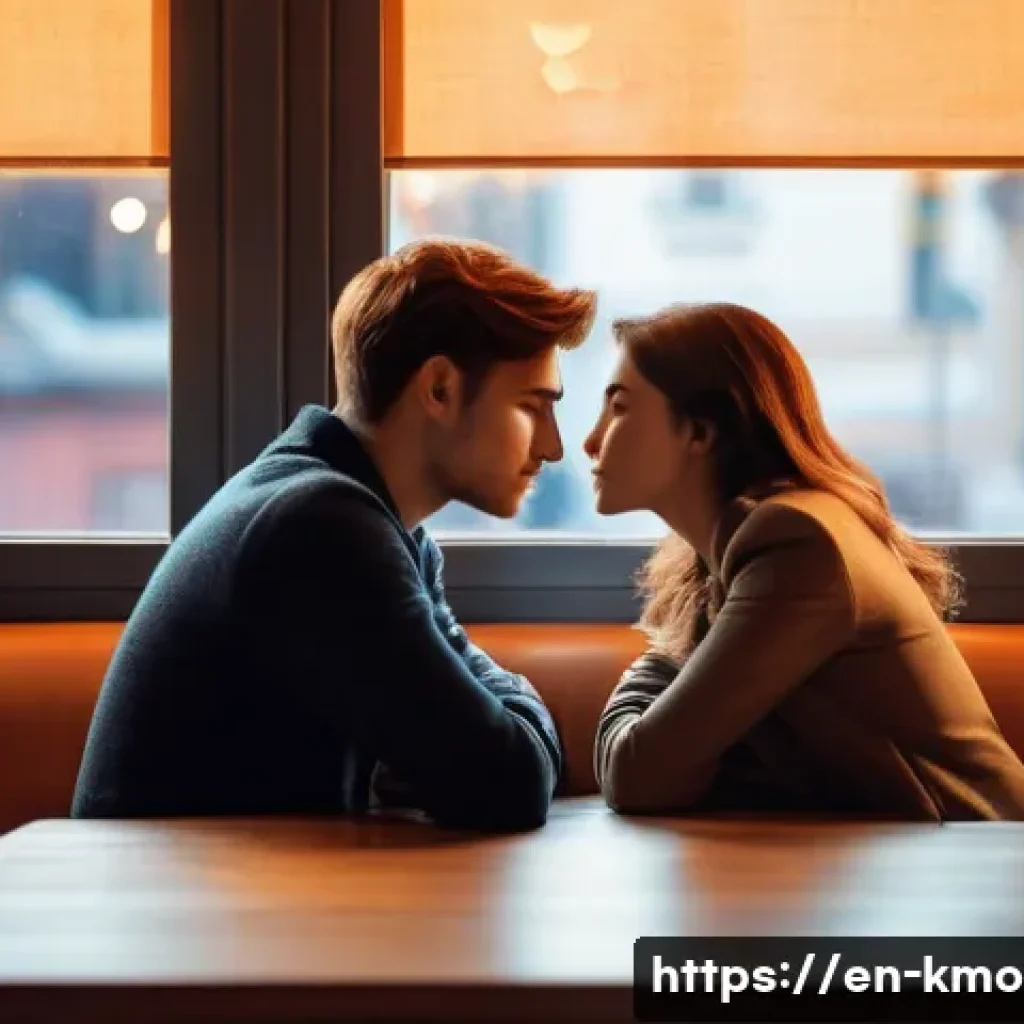 한국 로맨스 영화 추천 리스트 - A tender moment between two young adults in a softly lit urban caf&eacute; at dusk, capturing the subtle vu...