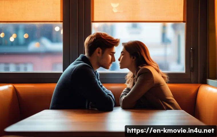 한국 로맨스 영화 추천 리스트 - A tender moment between two young adults in a softly lit urban caf&eacute; at dusk, capturing the subtle vu...