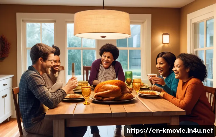 이병헌 감독의 코미디 영화 스타일 - A cozy, warmly lit family dinner scene in a modern American suburban home, featuring a diverse group...