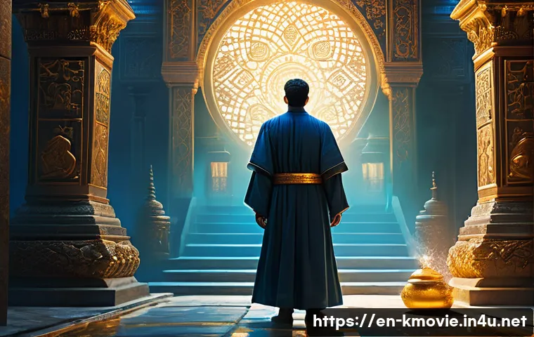 영화 신과함께 1편과 2편 비교 - A richly detailed, mythological underworld scene featuring a sorrowful protagonist confronting his p...