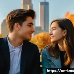 건축학개론  명대사와 음악 - A close-up scene of two young adults having a heartfelt conversation on a city park bench during gol...