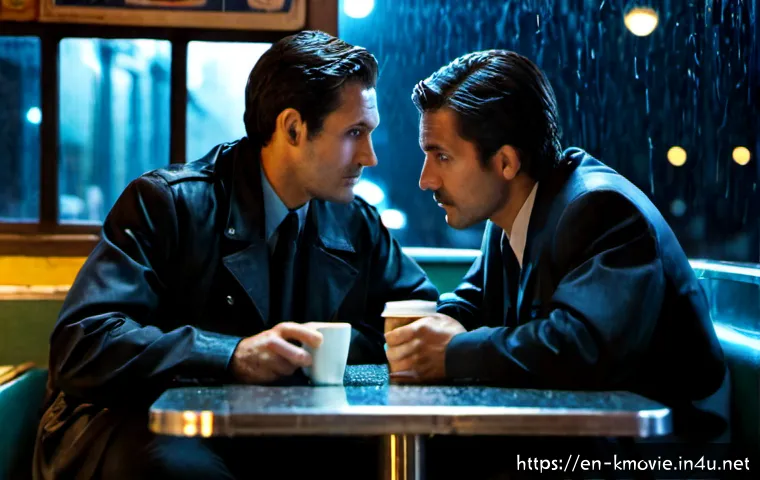 Home 17 영화 불한당 속 브로맨스 분석 - Photorealistic cinematic scene of two adult male undercover detectives seated across from each other...