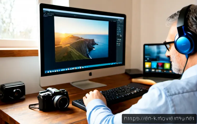 영화 블로그 수익화 방법 - Photorealistic home office scene for a movie blog monetization concept, a friendly middle-aged creat...
