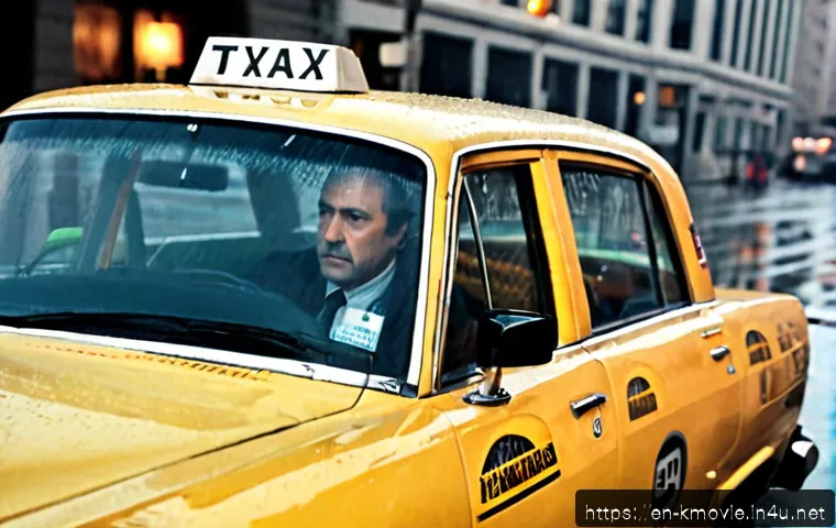 택시운전사  실화와 영화적 각색 - Photorealistic 1970s American taxi driver in a modest yellow cab, parked on a rain-slicked city stre...