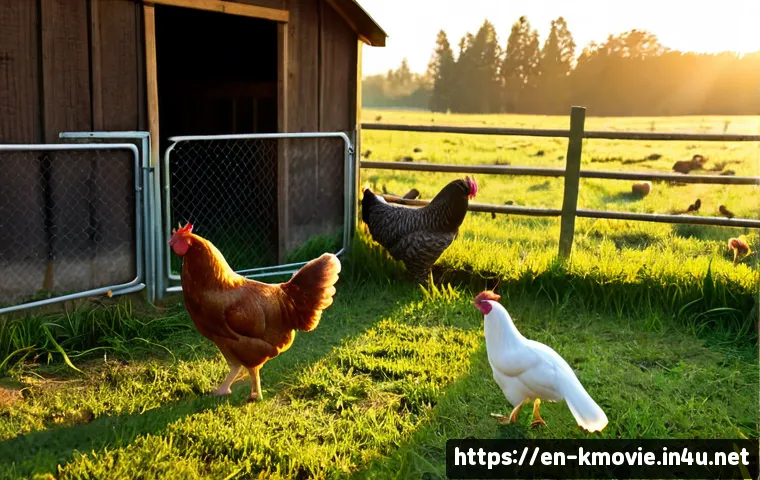 Home 15 마당을 나온 암탉 줄거리와 교훈 - Photorealistic rural farm scene at golden sunrise, a determined brown hen standing just outside an o...